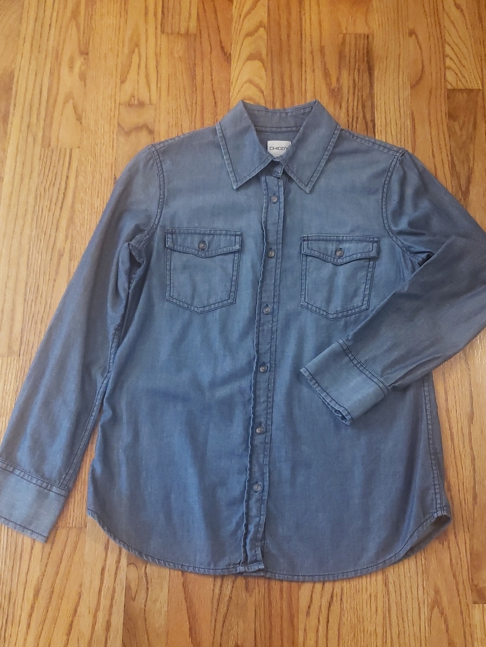 Chico's Navy Denim Button-Up Shirt Size: S (Chico's: 0)